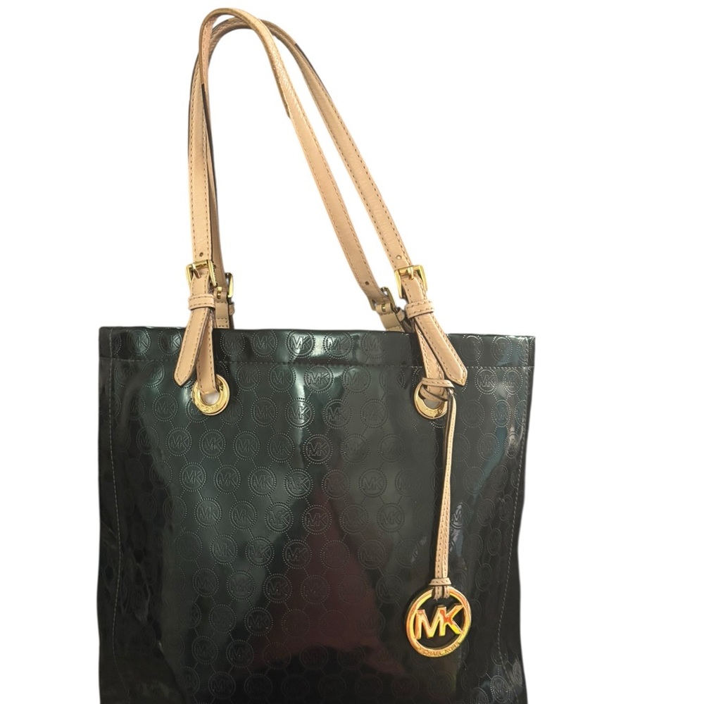 Michael Kors Black Patent Tote with Tan Straps and Gold Hardware Charm